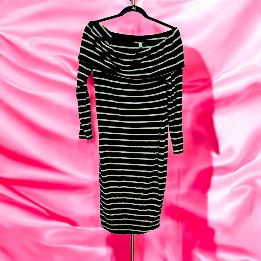 Black / White stripe midi length off the shoulder dress